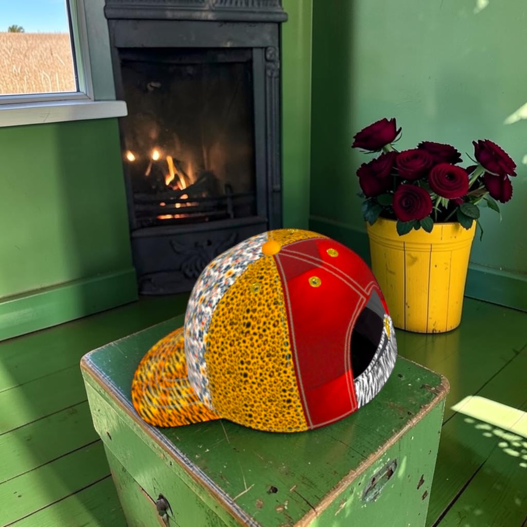Back view of The Tiger Bloom Baseball Cap showing the red back panel with metal eyelets, floral and leopard side panels, and tiger-stripe brim