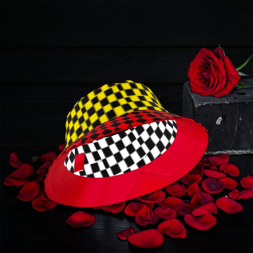 Vol IV — The Two-Sided Crown Reversible Bucket Hat, front view, yellow & black checkered crown with red & black checkered brim, red interior — Golden Expression Art