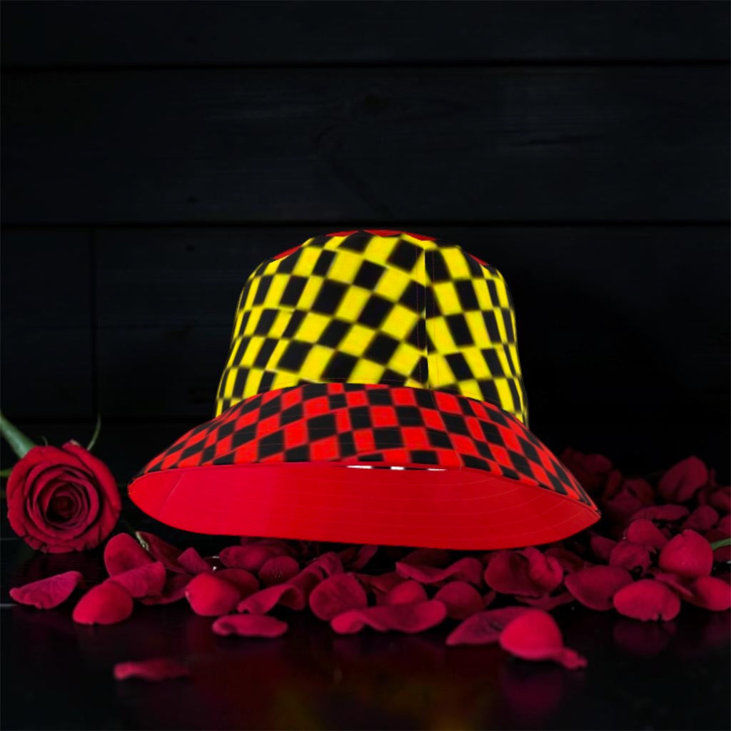 Vol IV — The Two-Sided Crown Reversible Bucket Hat, top-down view, solid scarlet red exterior with black & white checkered interior lining — Golden Expression Art