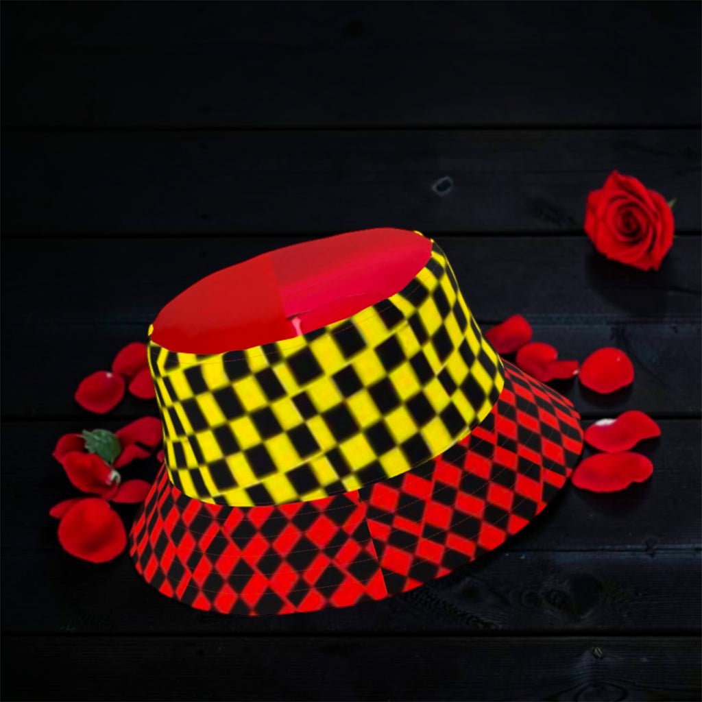 Vol IV — The Two-Sided Crown Reversible Bucket Hat, angled side view, golden yellow & black checkered crown with red & black checkered brim, scarlet red interior — Golden Expression Art
