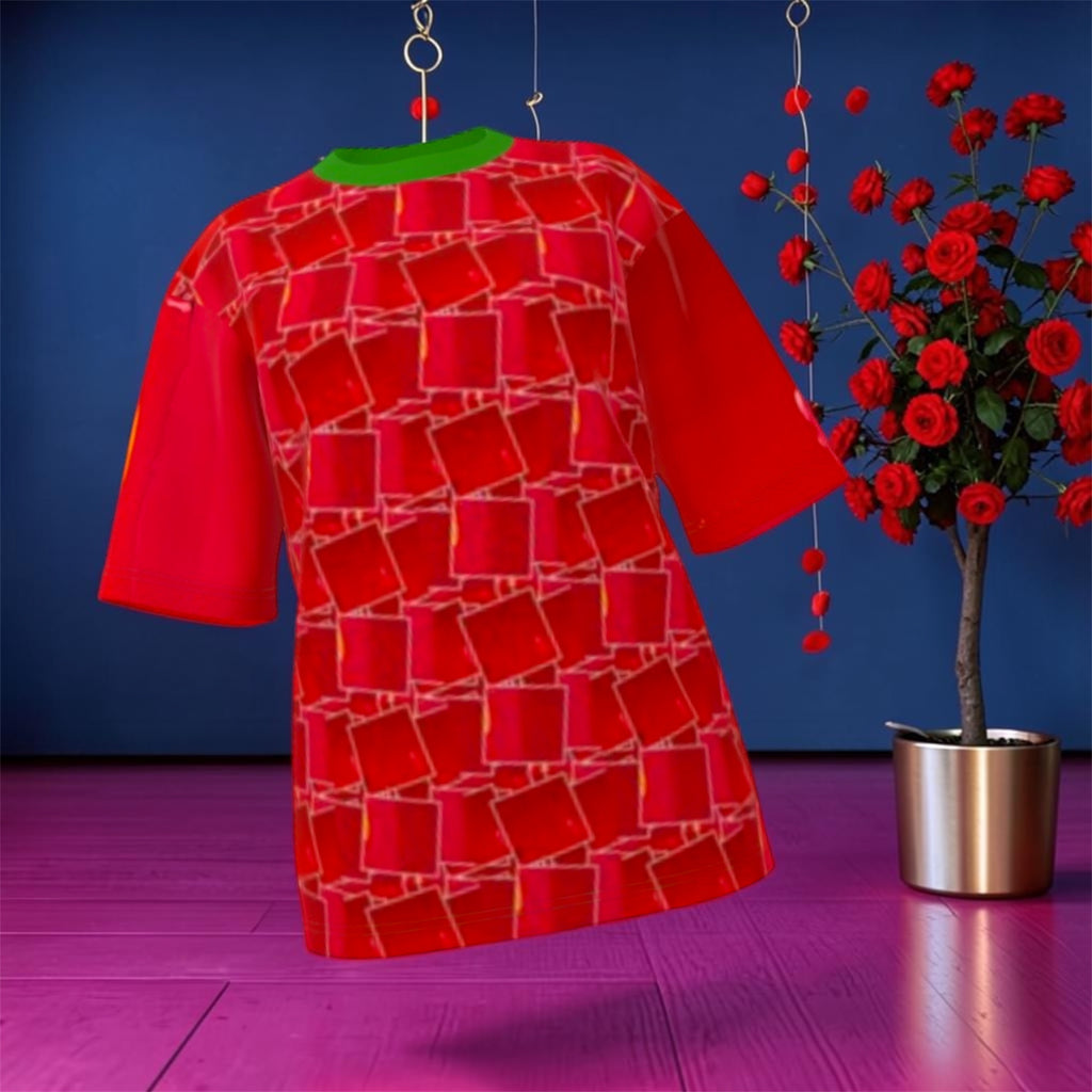 Vol IV — The Wall Oversized Tee in scarlet red featuring an all-over Doll Wall mosaic print with green collar, short sleeves, rose petal editorial backdrop — Golden Expression Art Limited Edition
