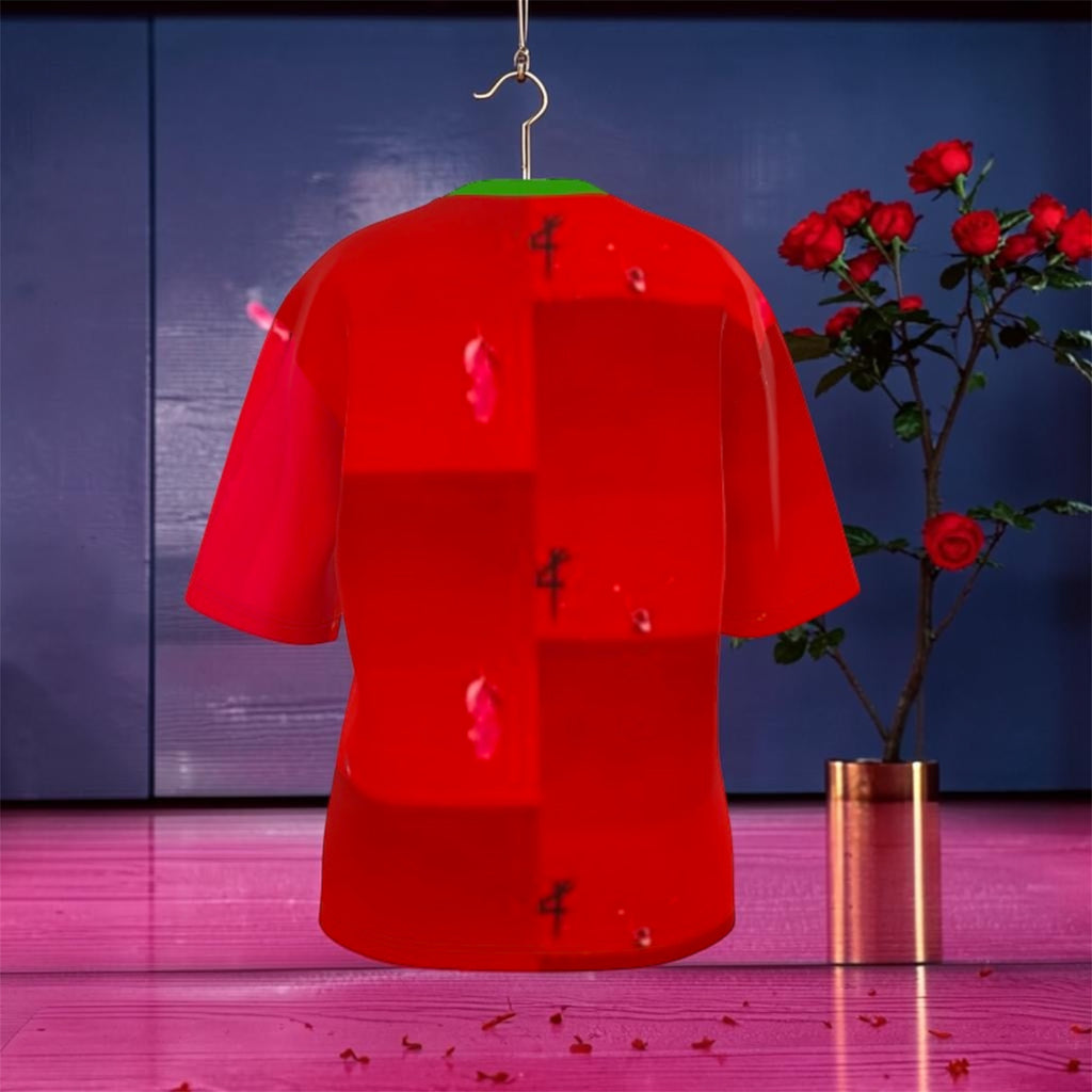 Vol IV — The Wall Oversized Tee back view in scarlet red with large-scale checkered panel print, Vol IV number detail, green collar, rose petal editorial backdrop — Golden Expression Art Limited Edition
