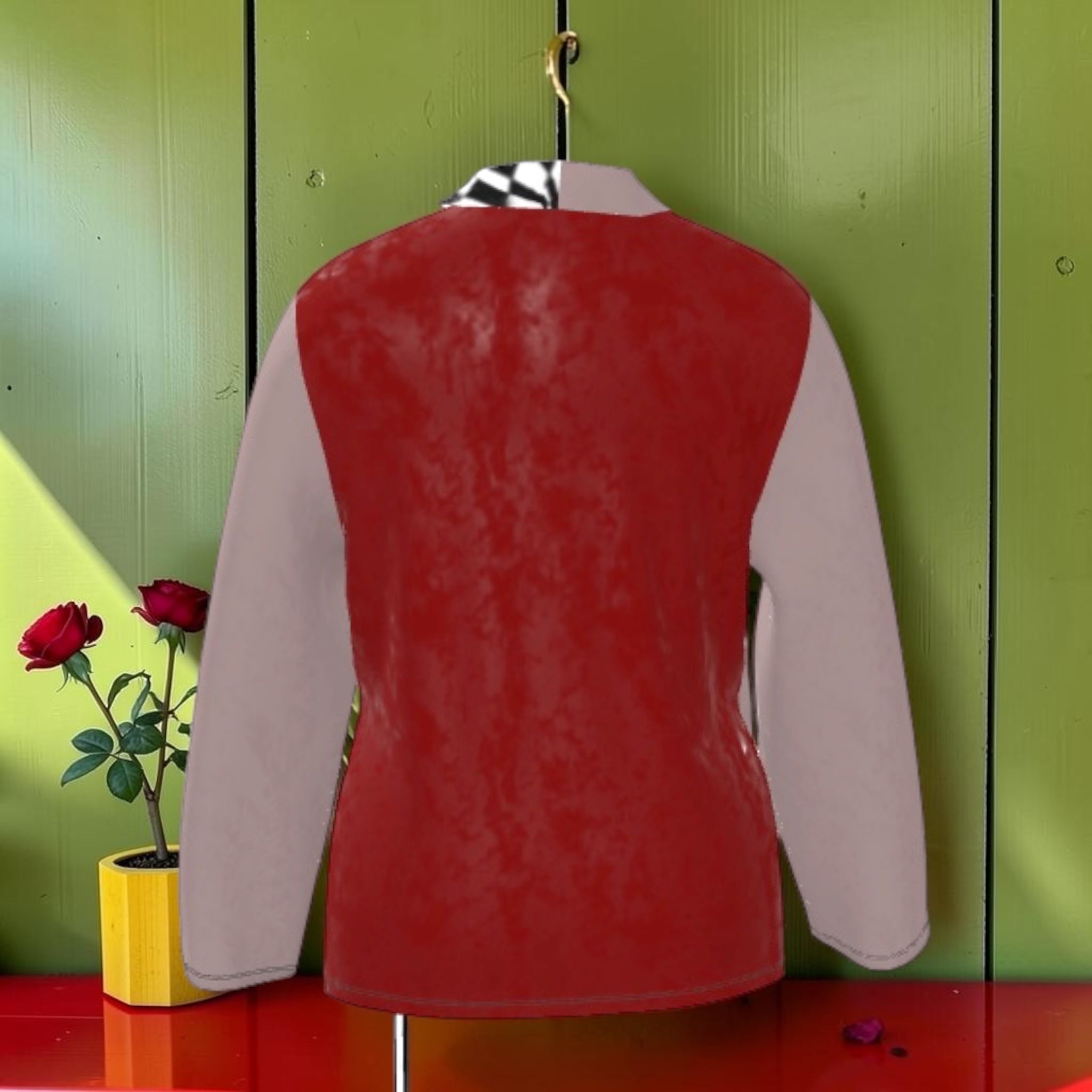 The Velour Divide Sweater Cardigan — back view, scarlet red body with taupe sleeves