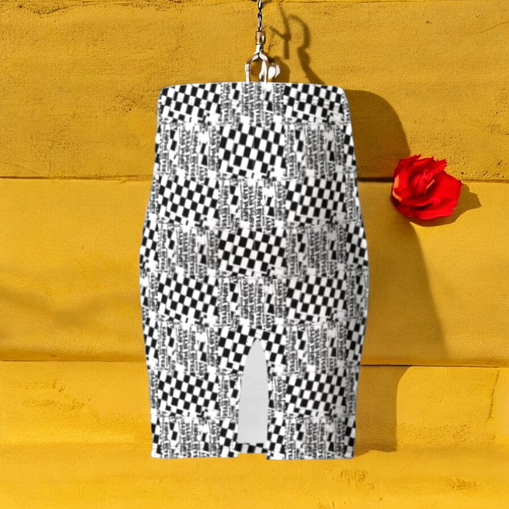 The Effortless Classic Pencil Skirt in distressed black & white Checkmate DNA print with center slit, back view — Vol III The Unbothered Edit by Golden Expression Art