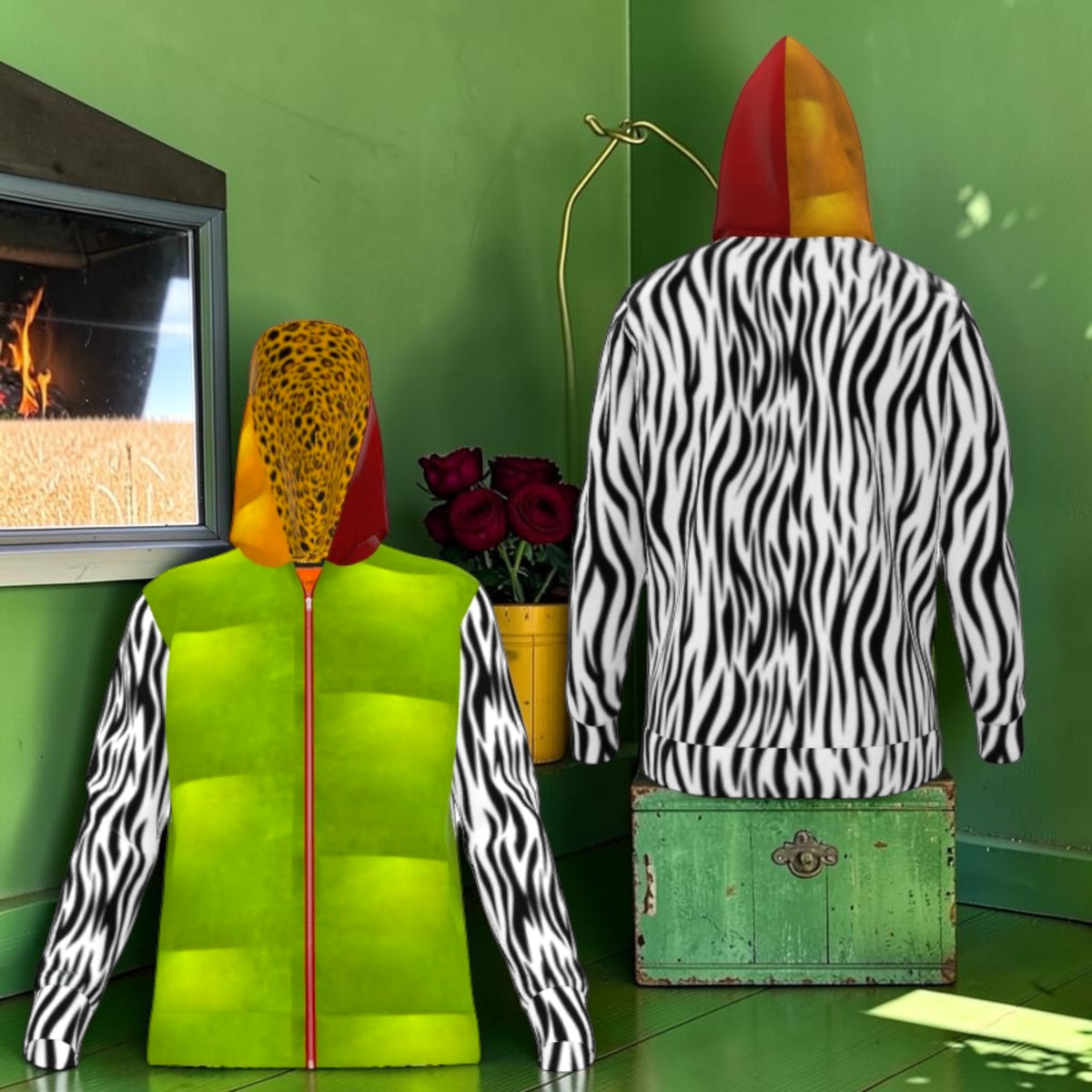 Front and back views of The Electric Instinct Zip Hoodie showing lime-green front and zebra-print back.