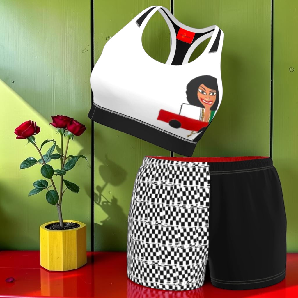 Anchored Iconic Athletic Shorts - styled set shot with matching ICONIC sports bra, checkered and black split shorts with rose petal backdrop