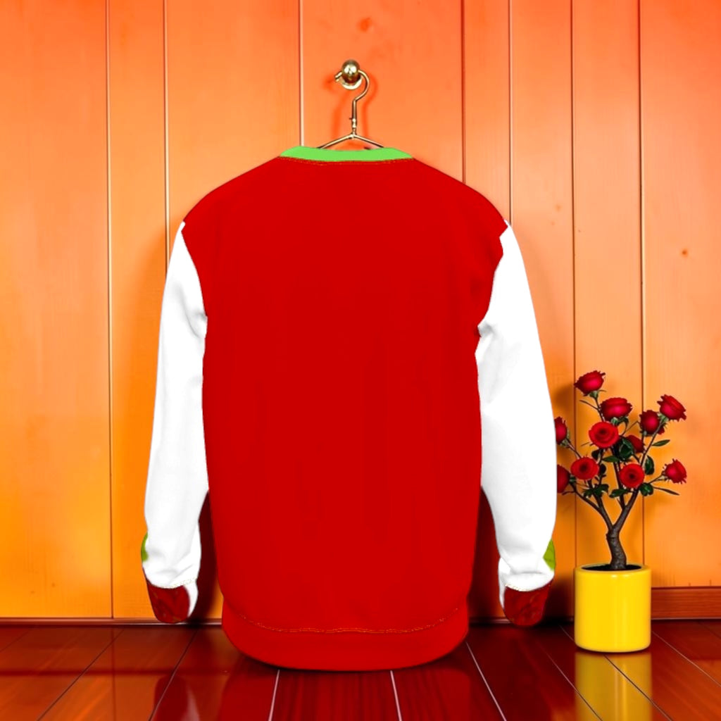 Vol II The Eden Spot Sweatshirt — back view, scarlet red body with white sleeves and green collar, Scarlet Block colorway