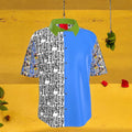 Vol III Karma Bites Shirt — Karma Bites graffiti script left panel, cerulean blue right panel, Doll Wall sleeve print, green collar, silver snap buttons — Golden Expression Art