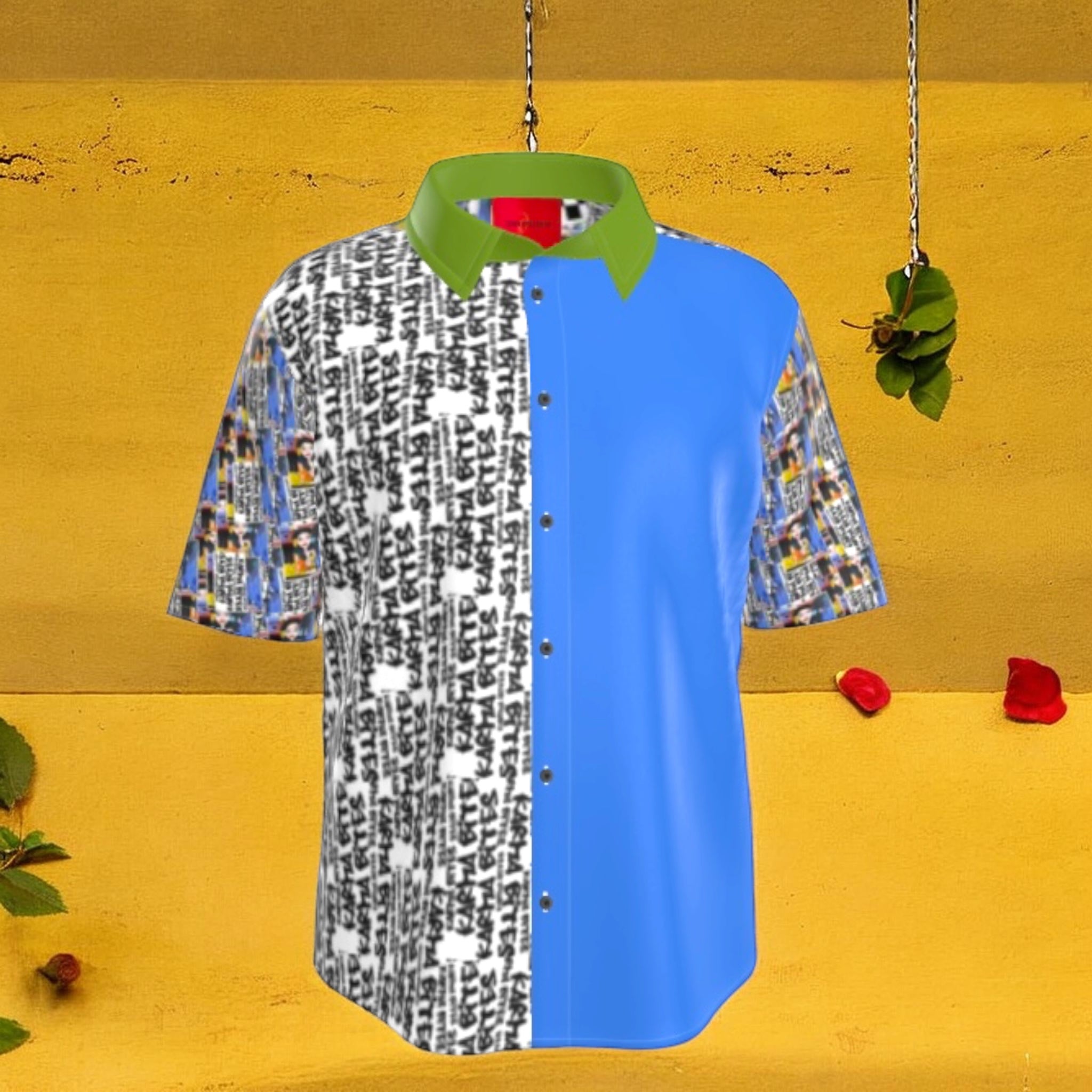 Vol III Karma Bites Shirt — Karma Bites graffiti script left panel, cerulean blue right panel, Doll Wall sleeve print, green collar, silver snap buttons — Golden Expression Art