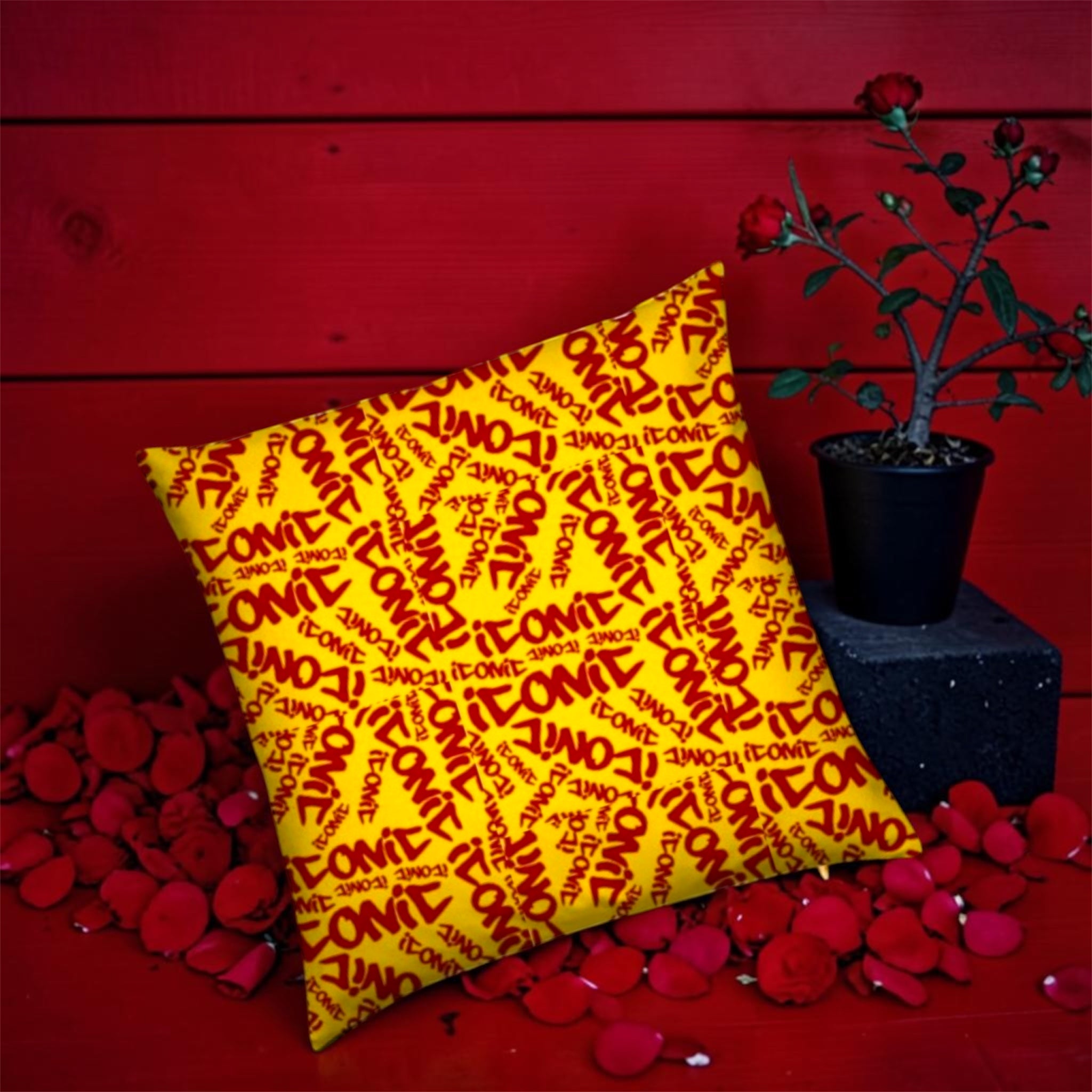 Vol IV — The ICONIC Cushion — Back view, all-over scarlet red ICONIC print on golden yellow body