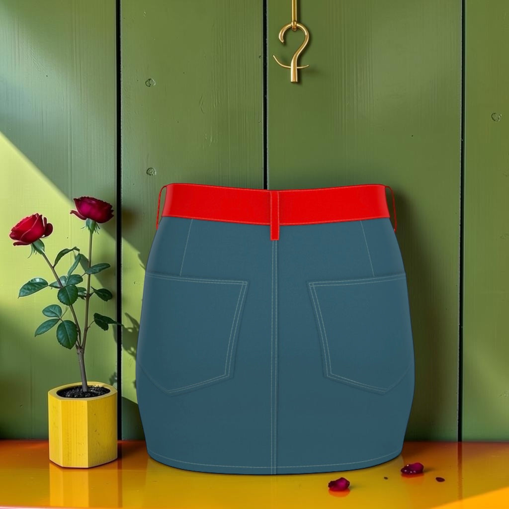 The Maverick Denim Mini Skirt back — solid slate blue denim, patch pockets, scarlet red waistband — Golden Expression Art Vol I