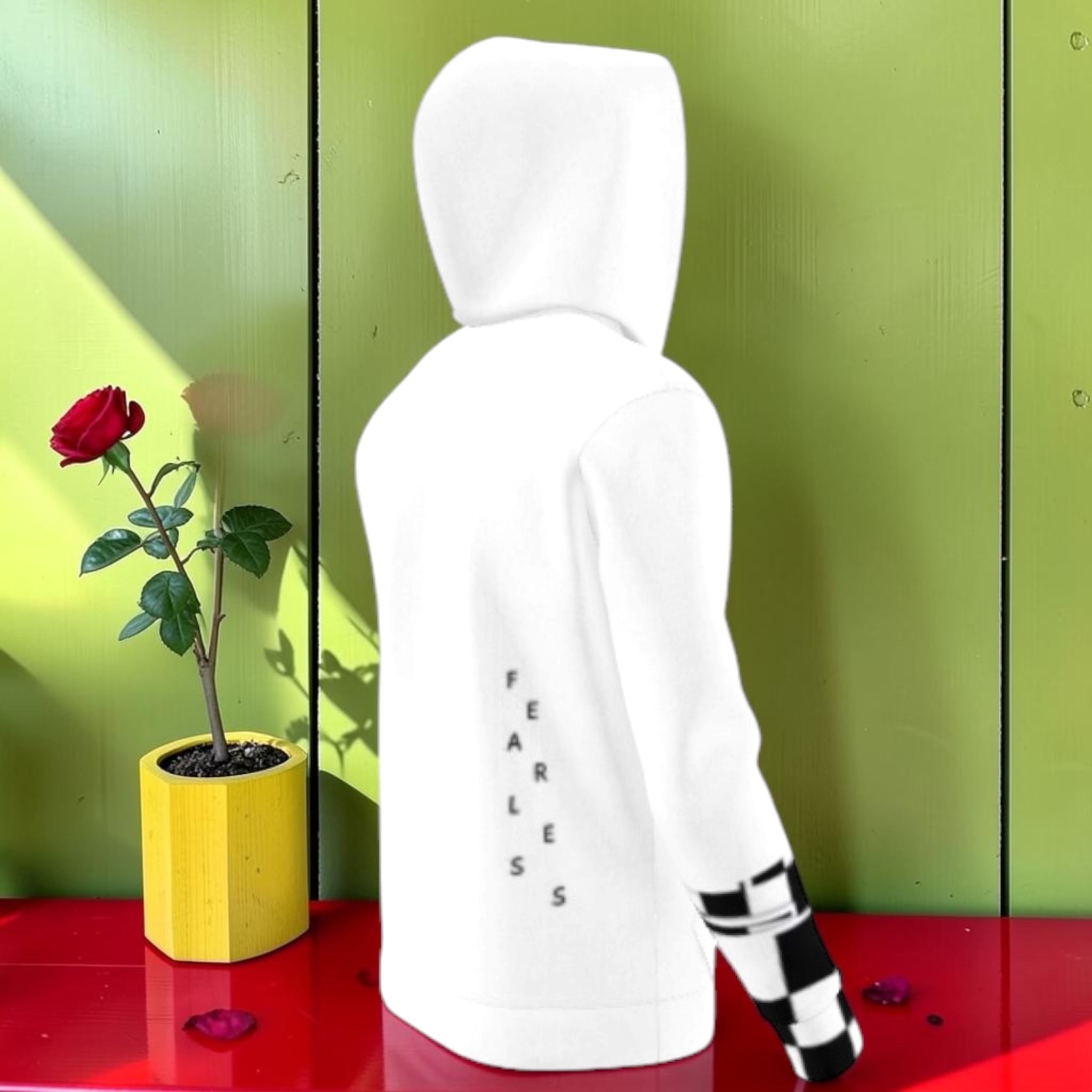 The Fearless Zip Hoodie — side back view highlighting FEARLESS lettering detail