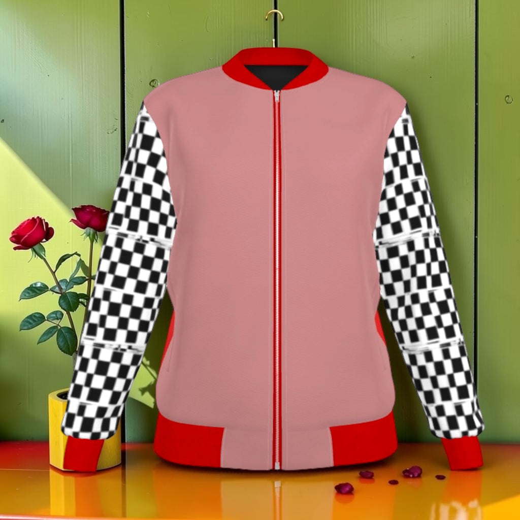 The Universal Declaration — Blush pink front, Checkmate DNA sleeves, red zip detail