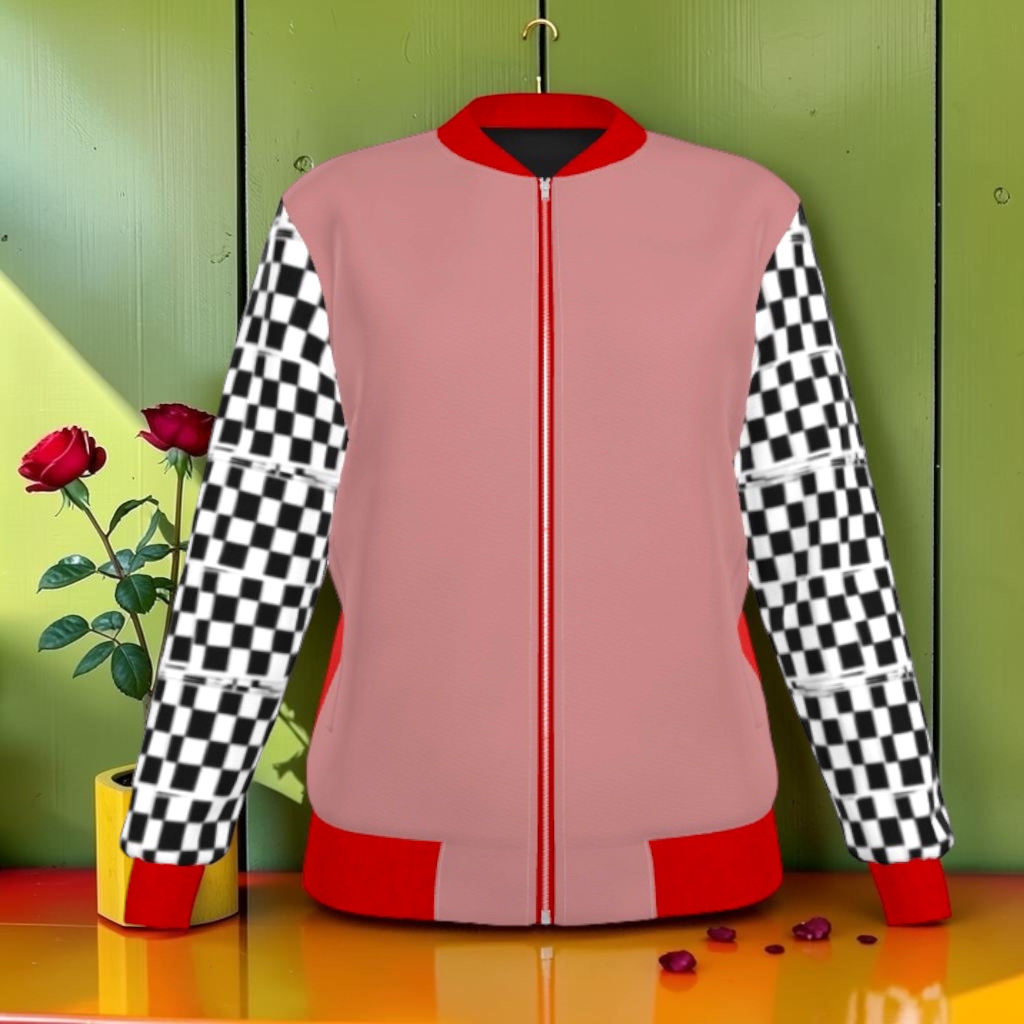 The Universal Declaration — Blush pink front, Checkmate DNA sleeves, red zip detail
