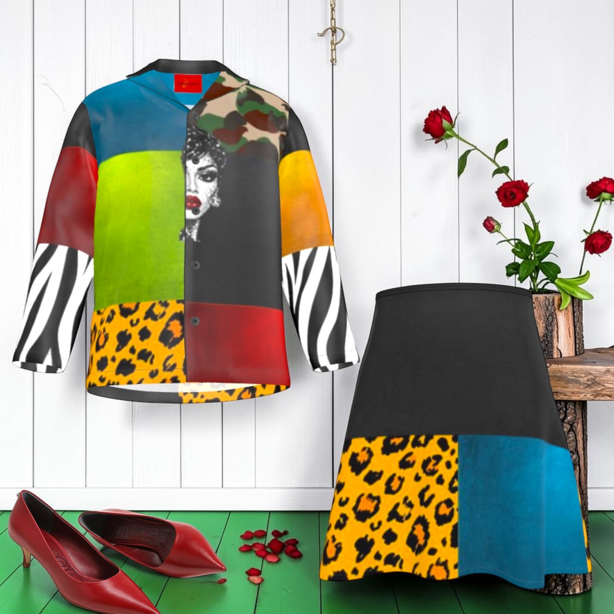 Offbeat Muse Oversized Silk Shirt styled with a coordinating flared skirt and red heels; shirt sold separately