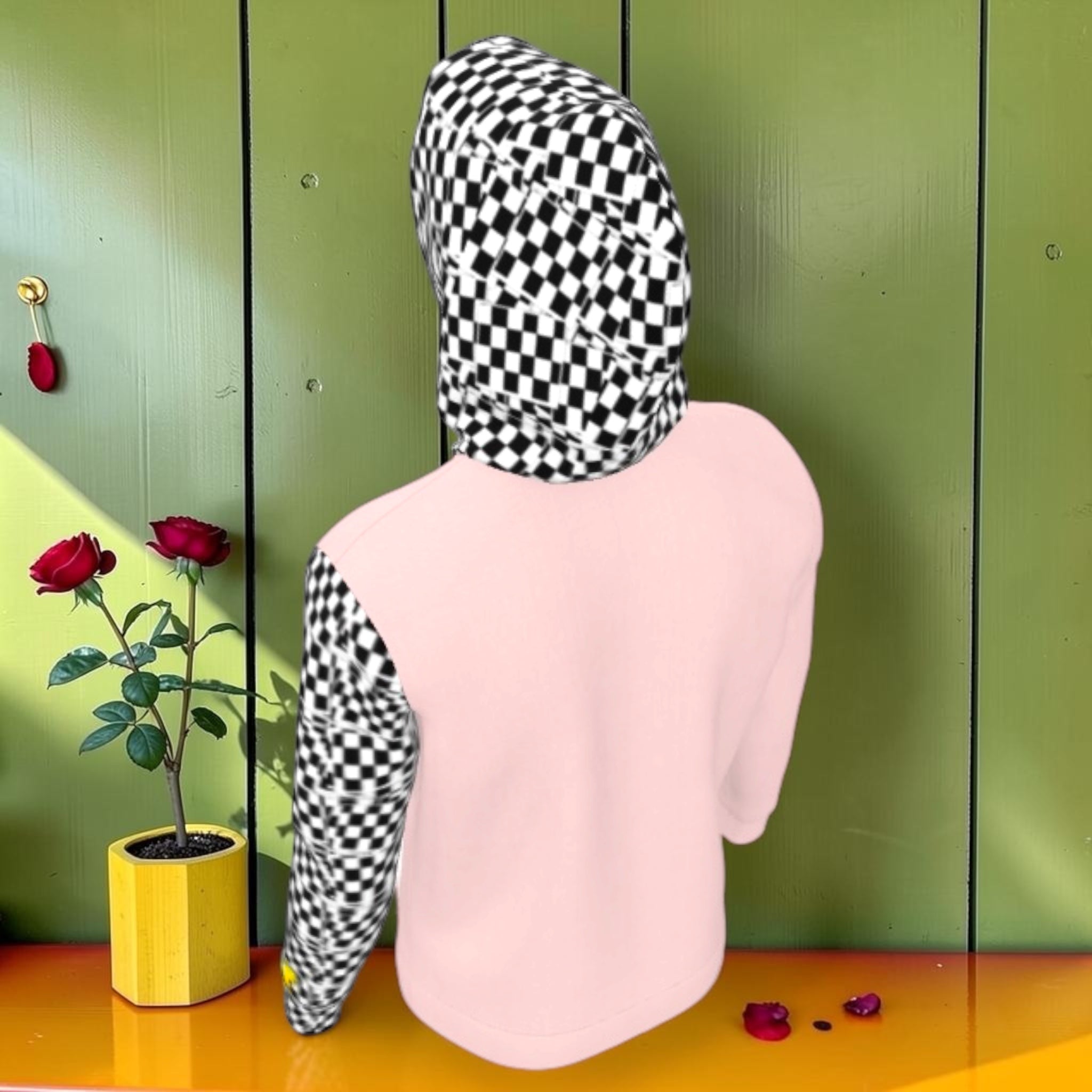 The Rosy Check Pullover - Back View - Blush Pink with Checkmate Sleeve - Golden Expression Art