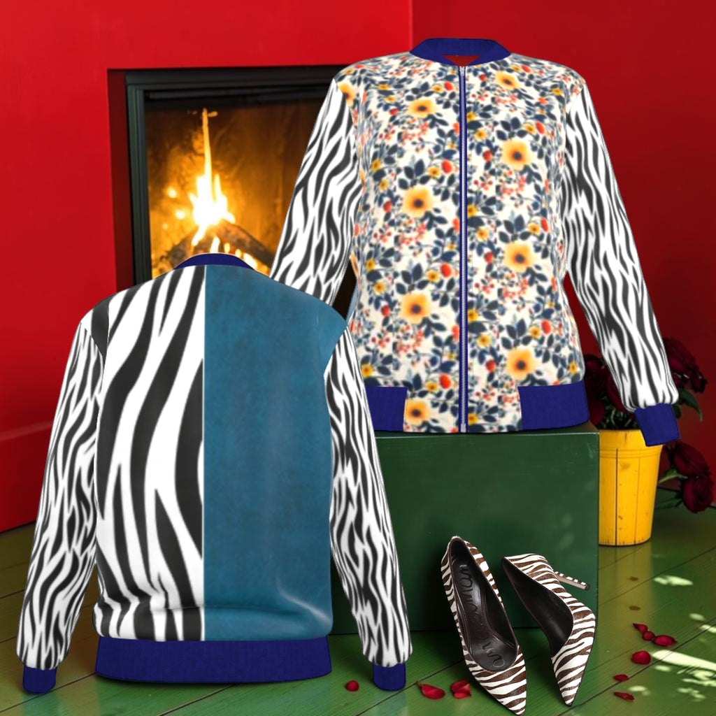 Double Voltage Reversible Silk Bomber floral front with zebra sleeves and split zebra and teal back.
