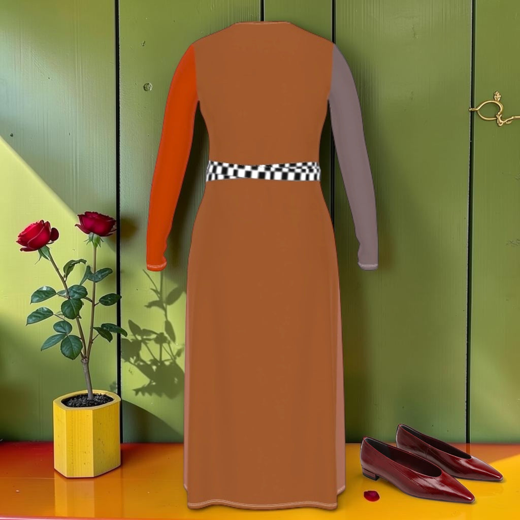 Vol I — The Sovereign Wrap Dress back view: floor-length camel wrap dress with orange and slate grey sleeves, Checkmate DNA belt detail