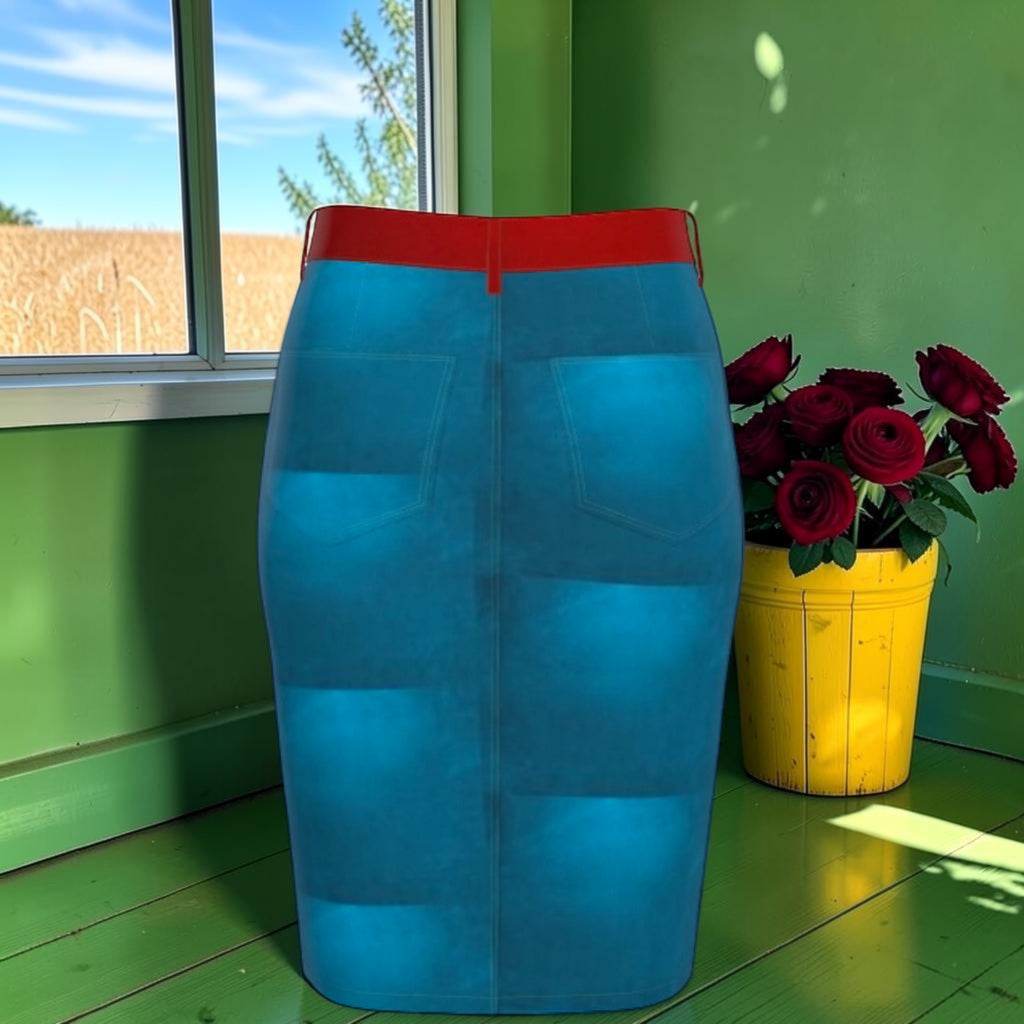 Back view of The Rebel Zebra Denim Midi Skirt in solid cerulean denim blue with red waistband