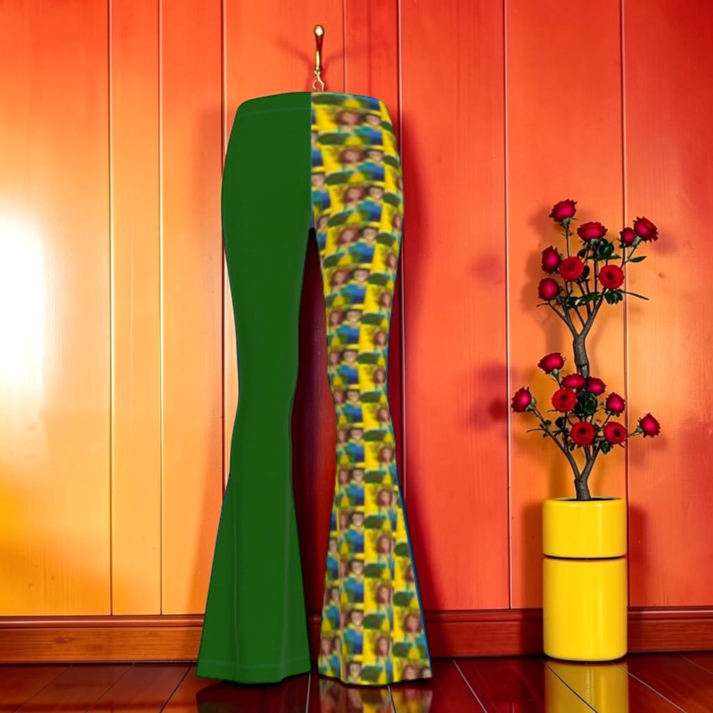 Vol II — The Lullaby Flare Pant color-block view — forest green left leg and Doll Wall all-over print right leg, long flare silhouette — Golden Expression Art Eden Edit