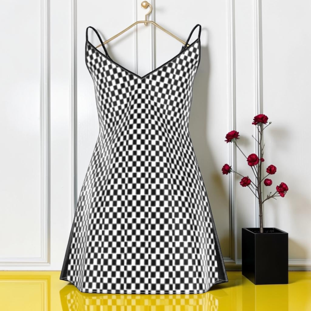 The Obsidian Slip Dress — Checkmate DNA all-over print colorway, black & white checkered silk | Golden Expression Art Vol III