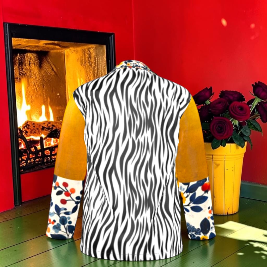 Back of the After Hours Silk Pajama Shirt with black-and-white zebra print and golden sleeves