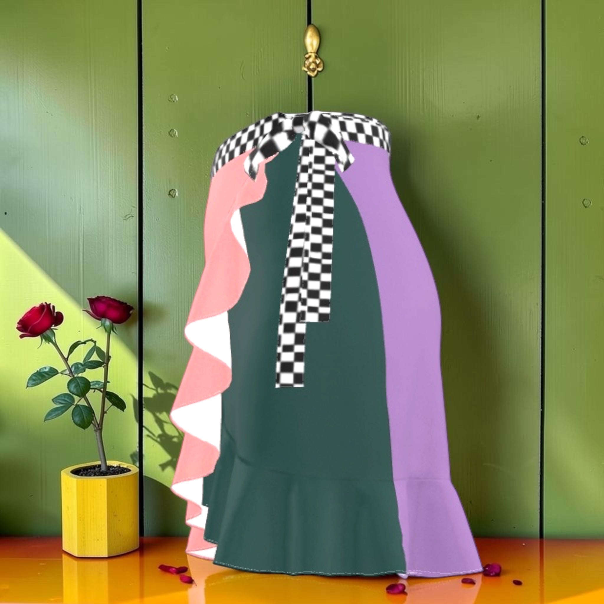 Vol I — The Cascade Rule Skirt — back view showing three-panel color-block: blush pink, forest green, lavender with Checkmate DNA sash