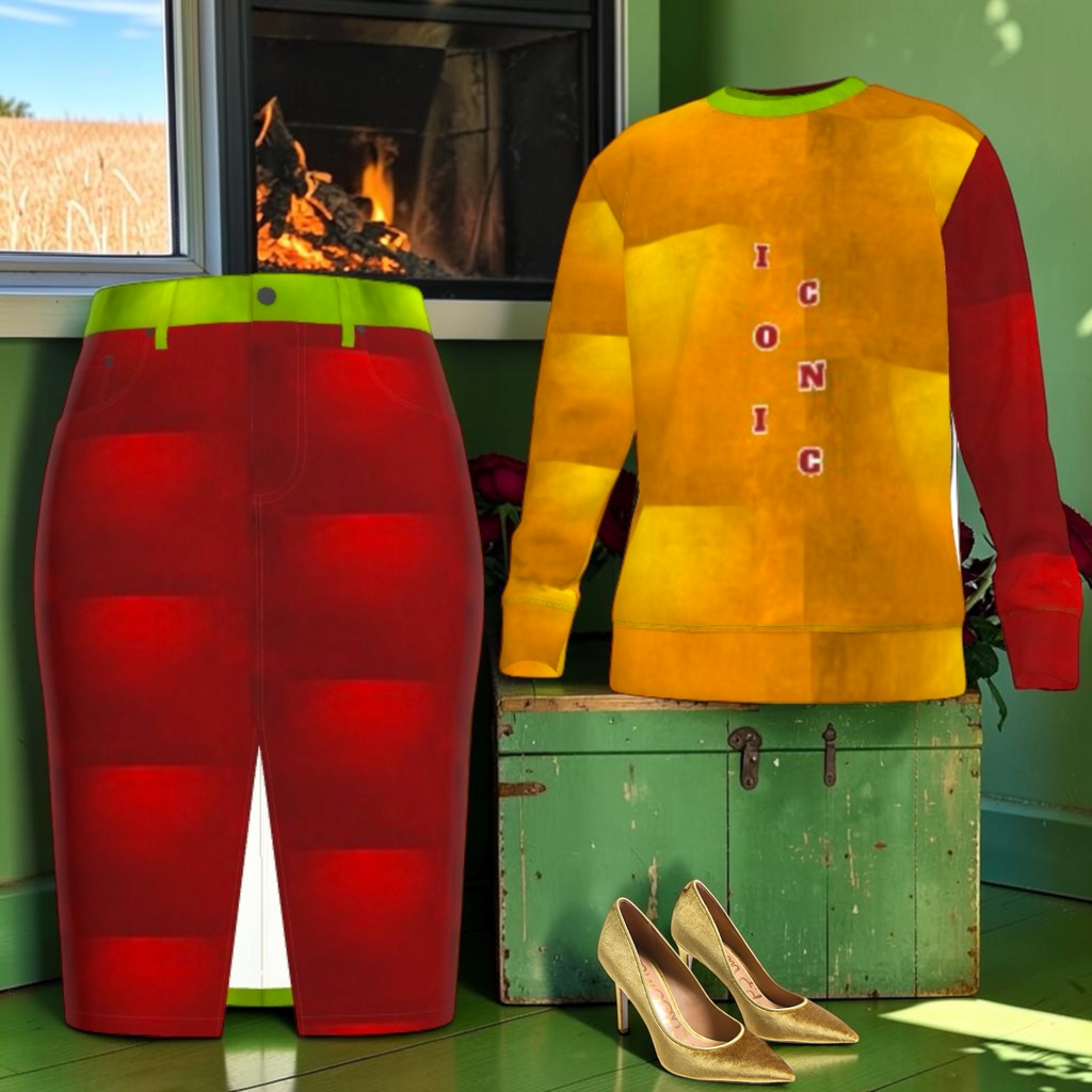 Scarlet Voltage denim midi skirt styled with color-block ICONIC sweatshirt and gold heels