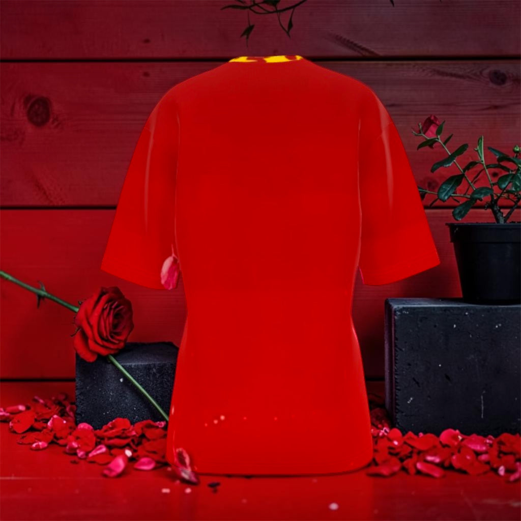 Vol IV The ICONIC Tee — back view, solid scarlet red tee, rose petal editorial backdrop