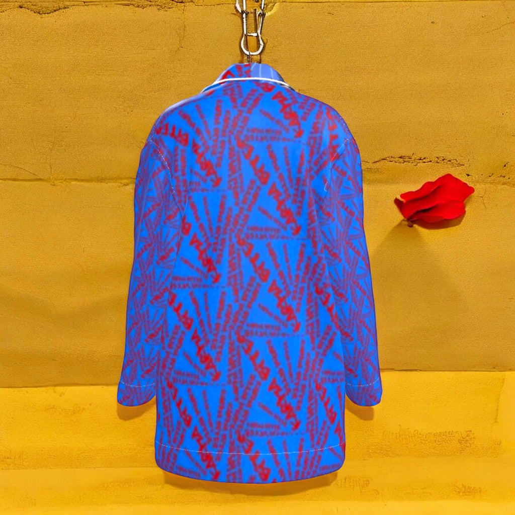 Golden Expression Art Vol III — The Karma Bites Oversized Silk Shirt, back view. All-over scarlet red Karma Bites starburst print on cerulean blue 100% silk.