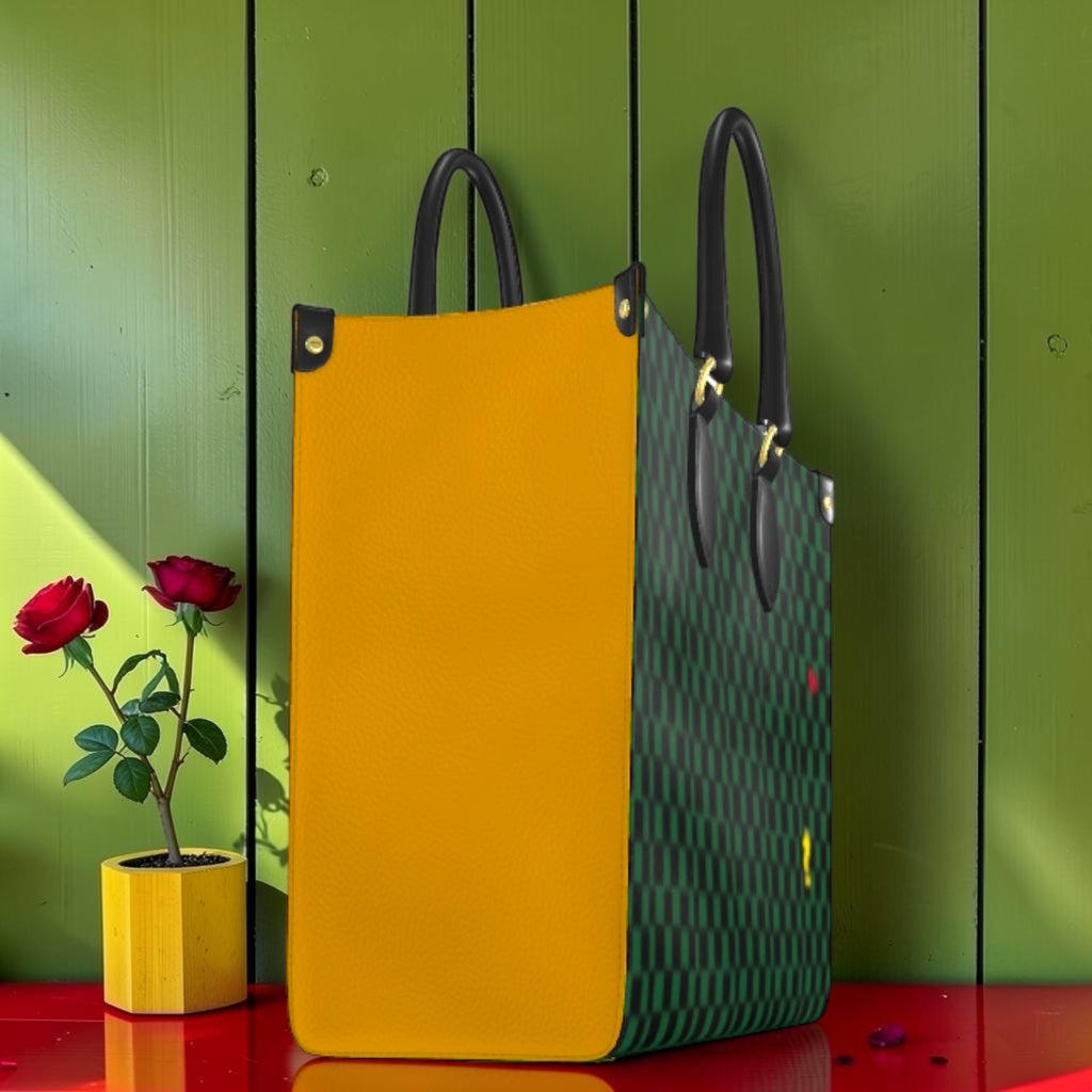 Vol I The Rule Carrier Large Tote — side profile showing golden yellow panel and green Checkmate check body