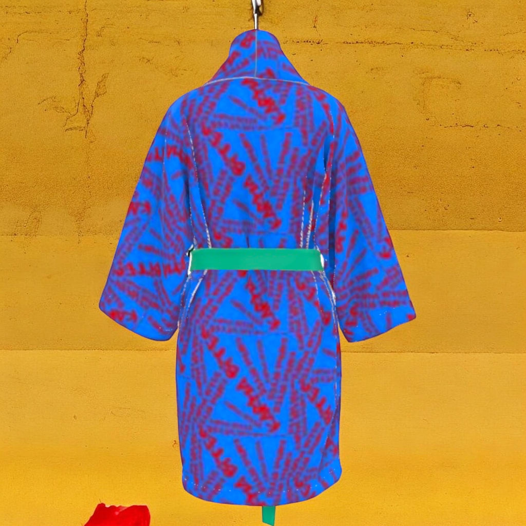 The Unbothered Signature Robe 100% Silk — back view, full cerulean blue Karma Bites all-over print silk kimono with green belt — Vol III The Unbothered Edit by Golden Expression Art