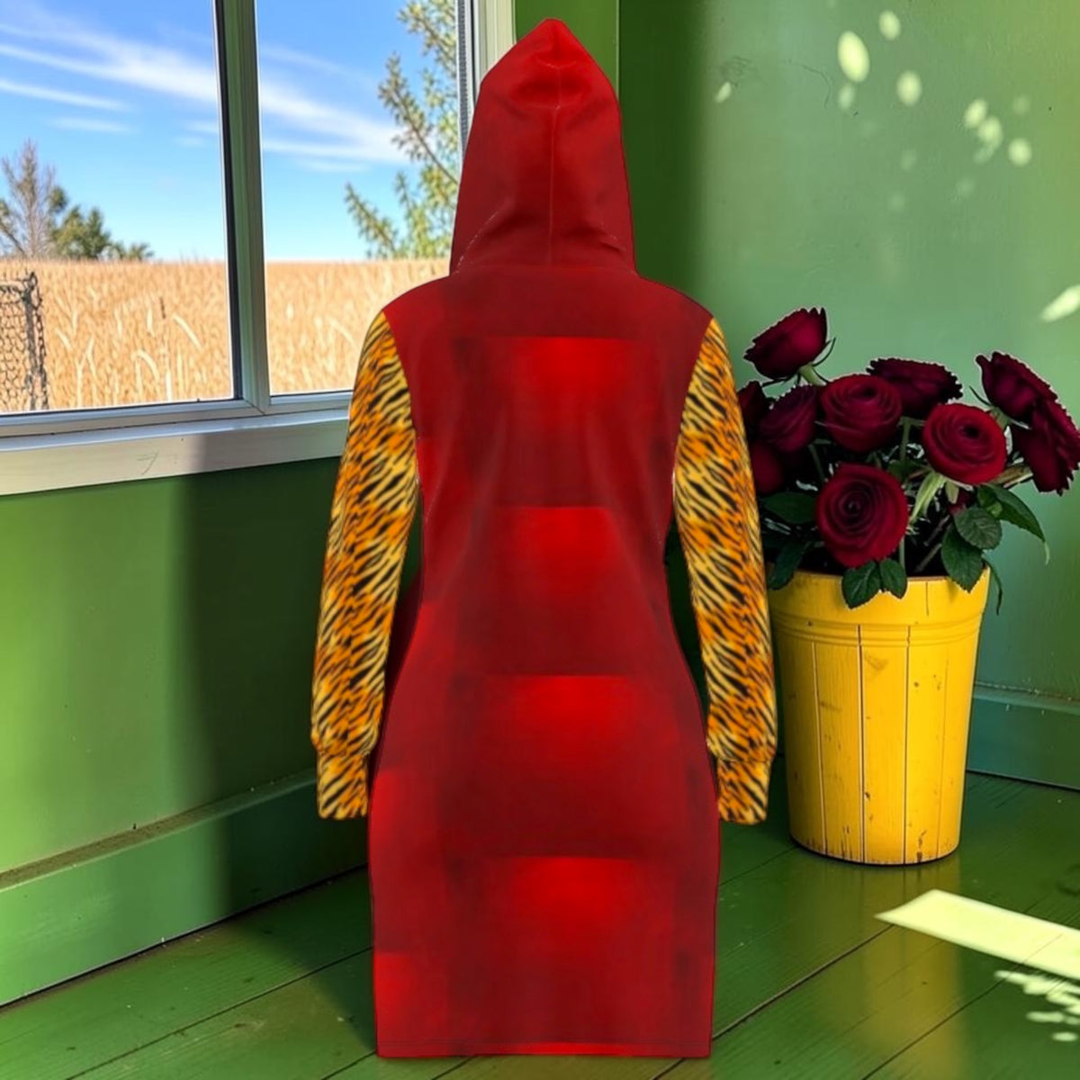 Crimson Temper Hoodie Dress back with crimson body and hood and golden tiger-stripe sleeves