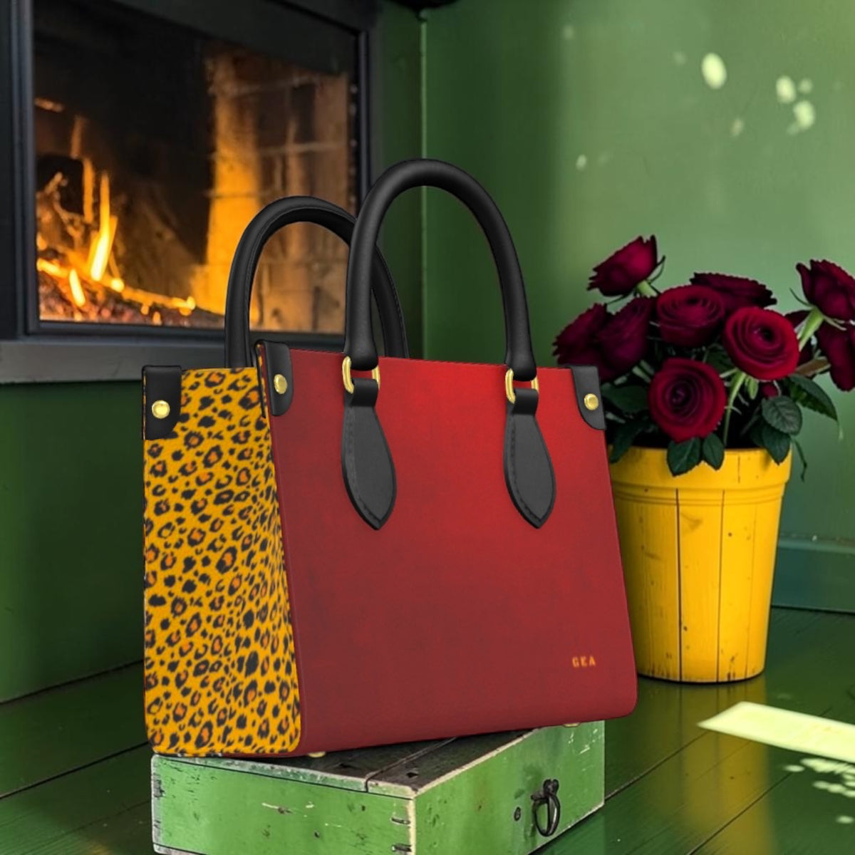Rebel Bloom Mini Satchel with red leather front, golden leopard-print side and black handles