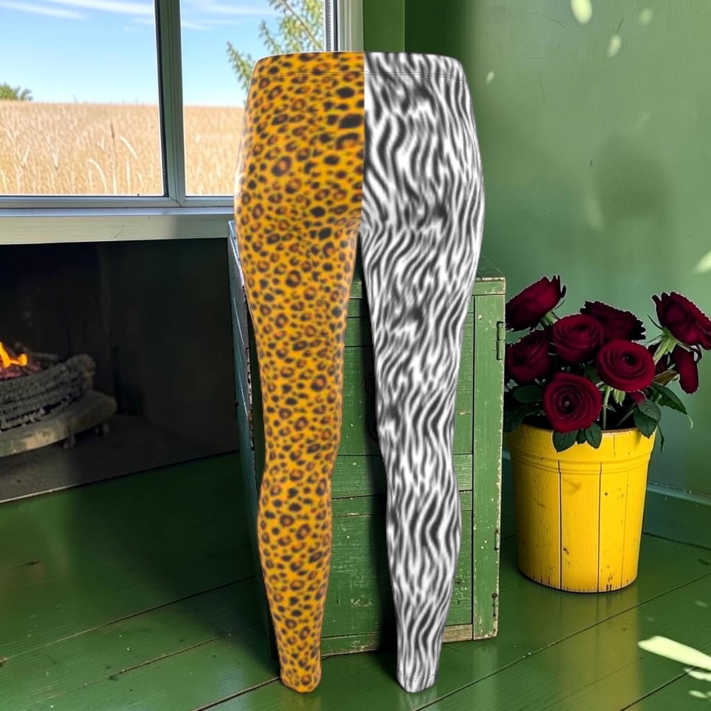 Riot Bloom Split Velour Legging back with one golden leopard leg and one zebra-stripe leg