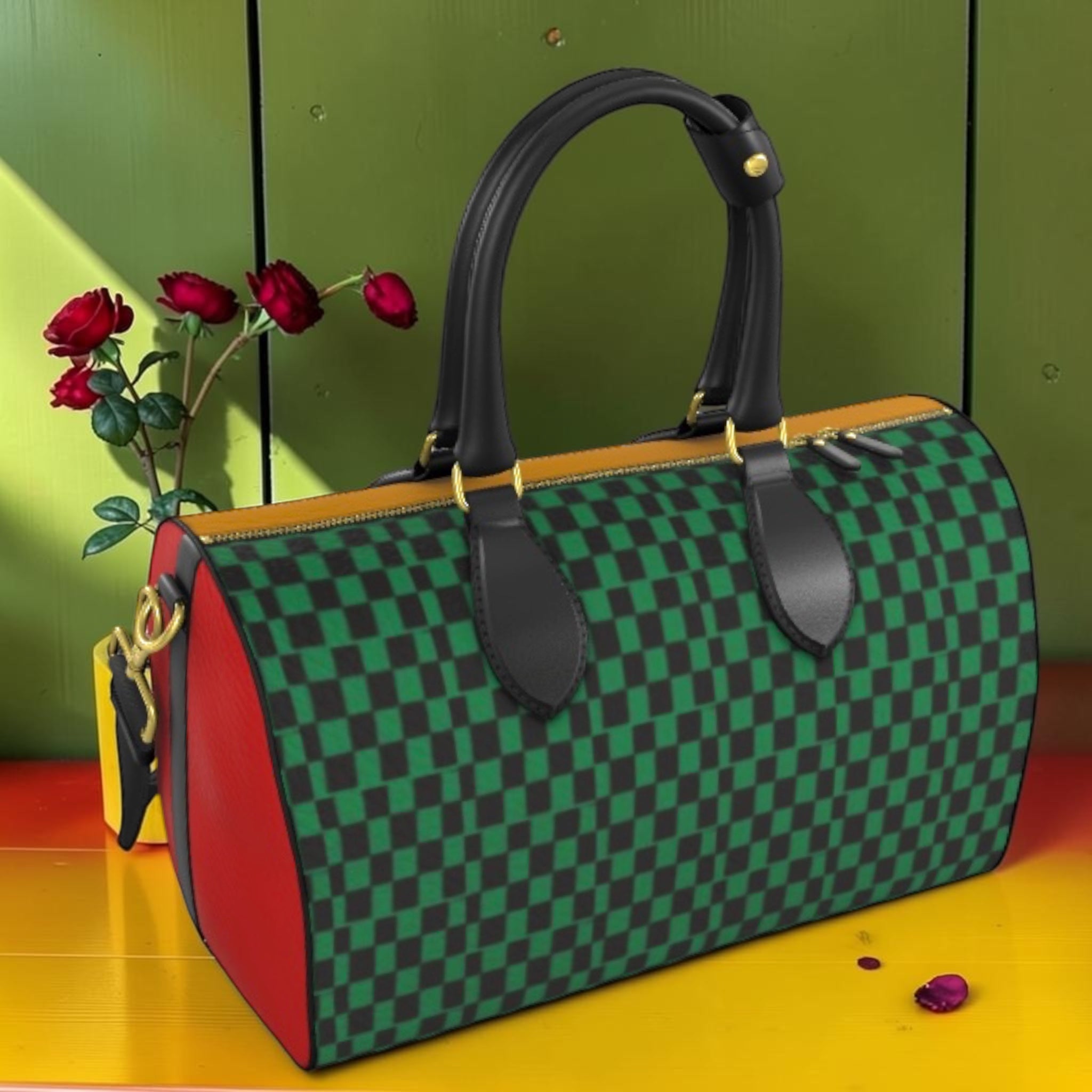 The Soft Reset Duffle — front view, green & black Checkmate DNA check pattern with black Nappa leather handles and gold hardware, styled with red roses on green backdrop
