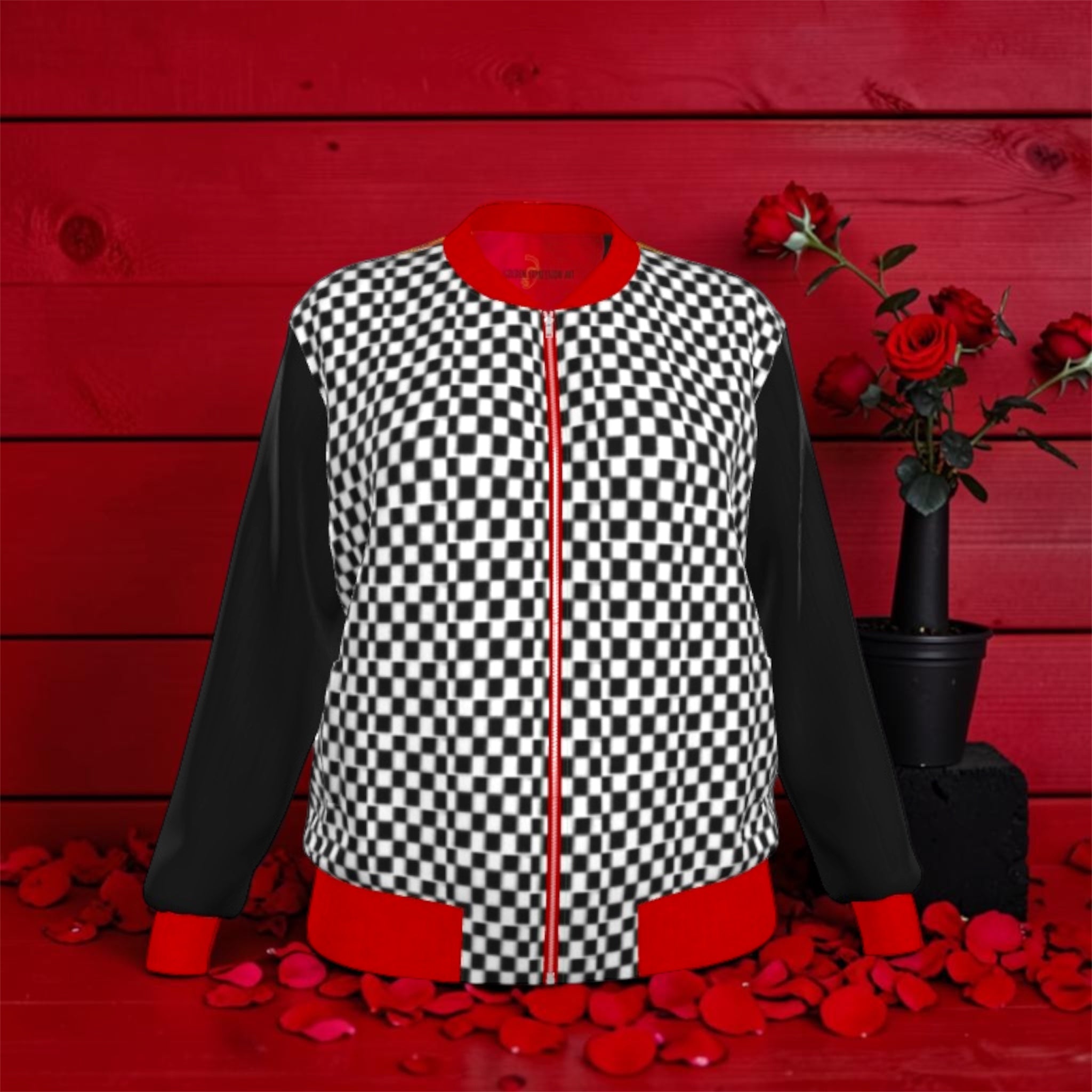 The Double Crown Bomber Jacket — front view: black and white checkered body, solid black sleeves, scarlet red collar cuffs and hem, center zip