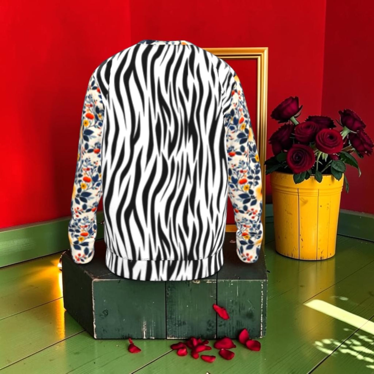The Runway Muse Sweatshirt back with black-and-white zebra print and floral sleeves