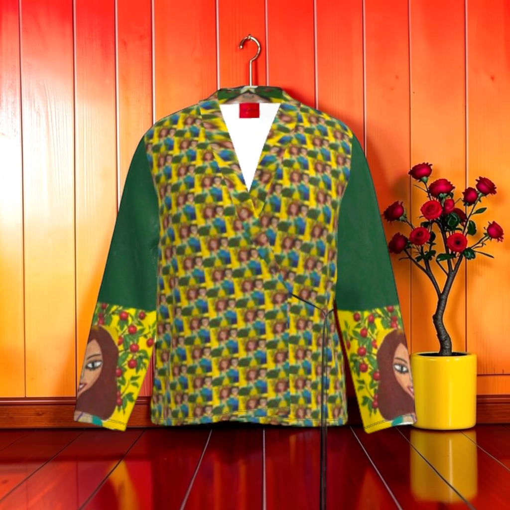 Vol II — The Eden Wrap Blazer, front view, all-over Doll Wall print body, forest green velvet sleeves, Doll Wall cuff detail, V-wrap neckline, red GEA tag, golden yellow base, GEA