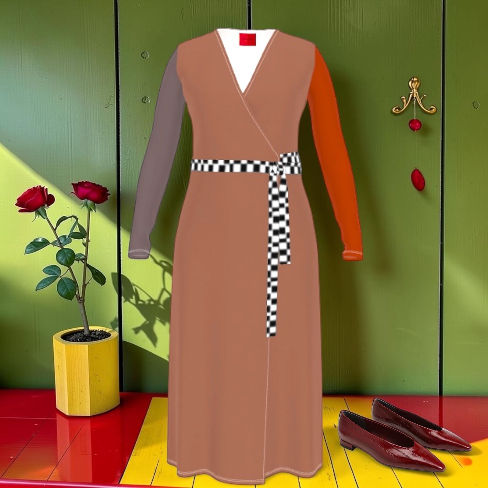 Vol I — The Sovereign Wrap Dress front view: long camel wrap dress with deep orange and slate grey color-block sleeves, black and white Checkmate DNA belt, V-neckline, red collar tag