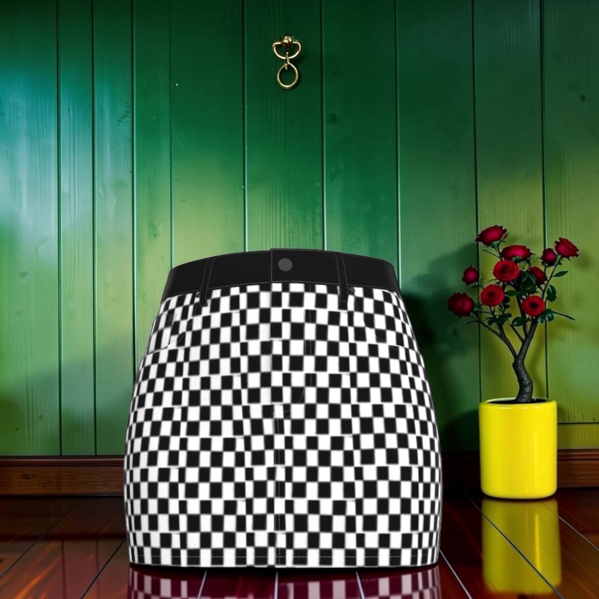 Vol III The Night Solace Mini Skirt — front view, all-over black and white Checkmate DNA print