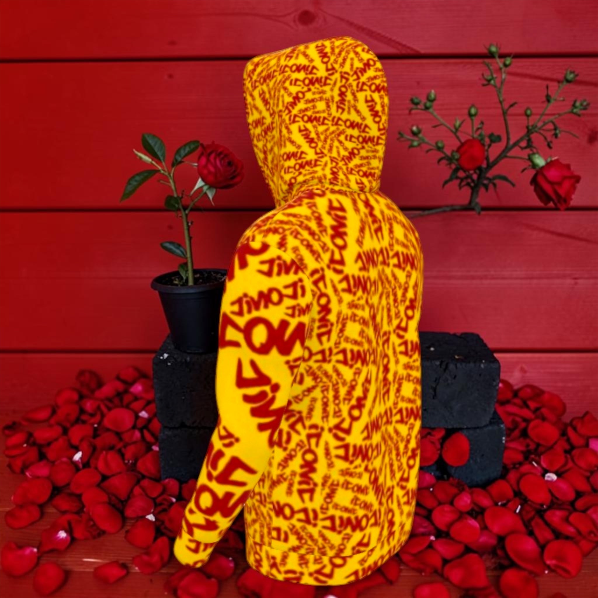 The ICONIC Pullover — back view on model, rose petal backdrop