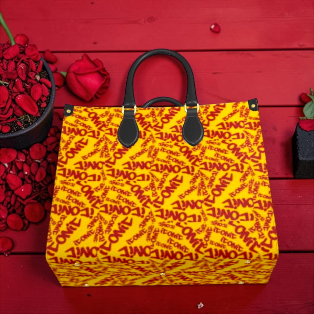 The ICONIC Statement Tote — top-down view showing full ICONIC print pattern