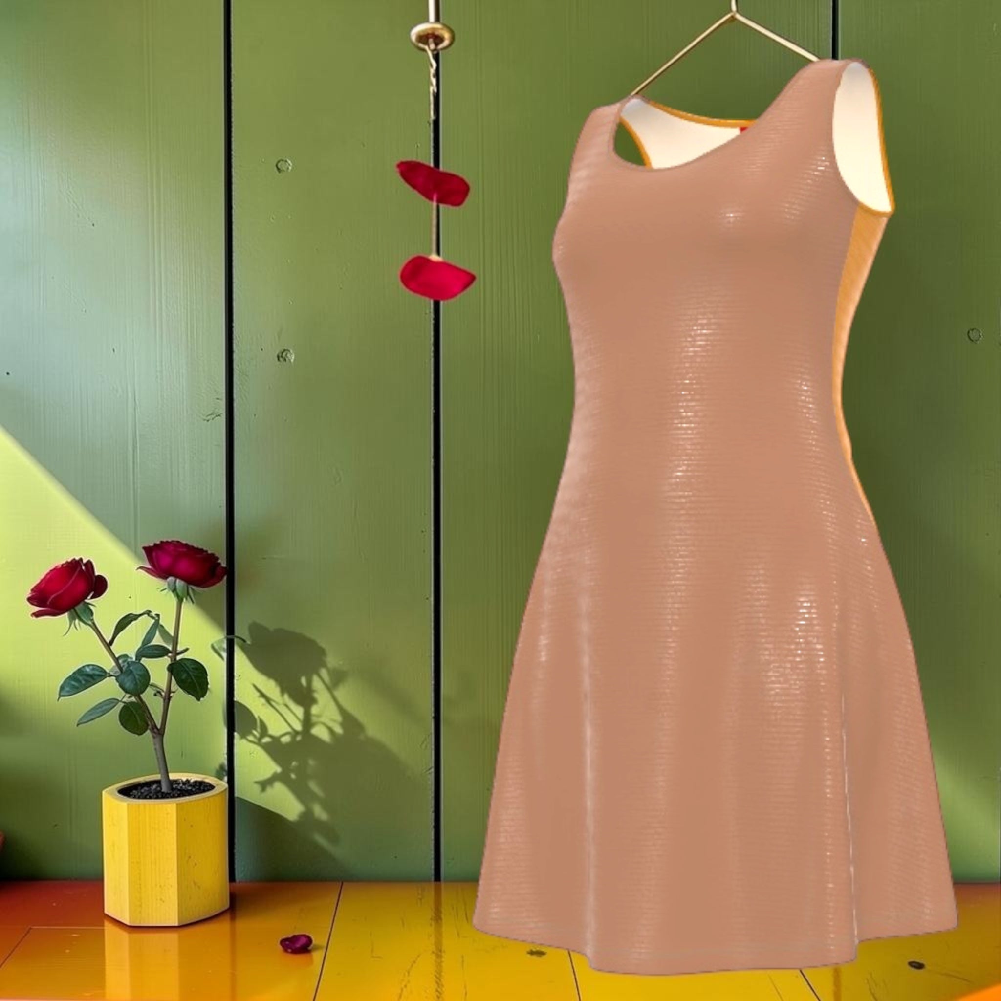 Vol I — The Velour Statement Dress — Angled view: blush crushed velour skater dress showing silhouette and gold collar detail