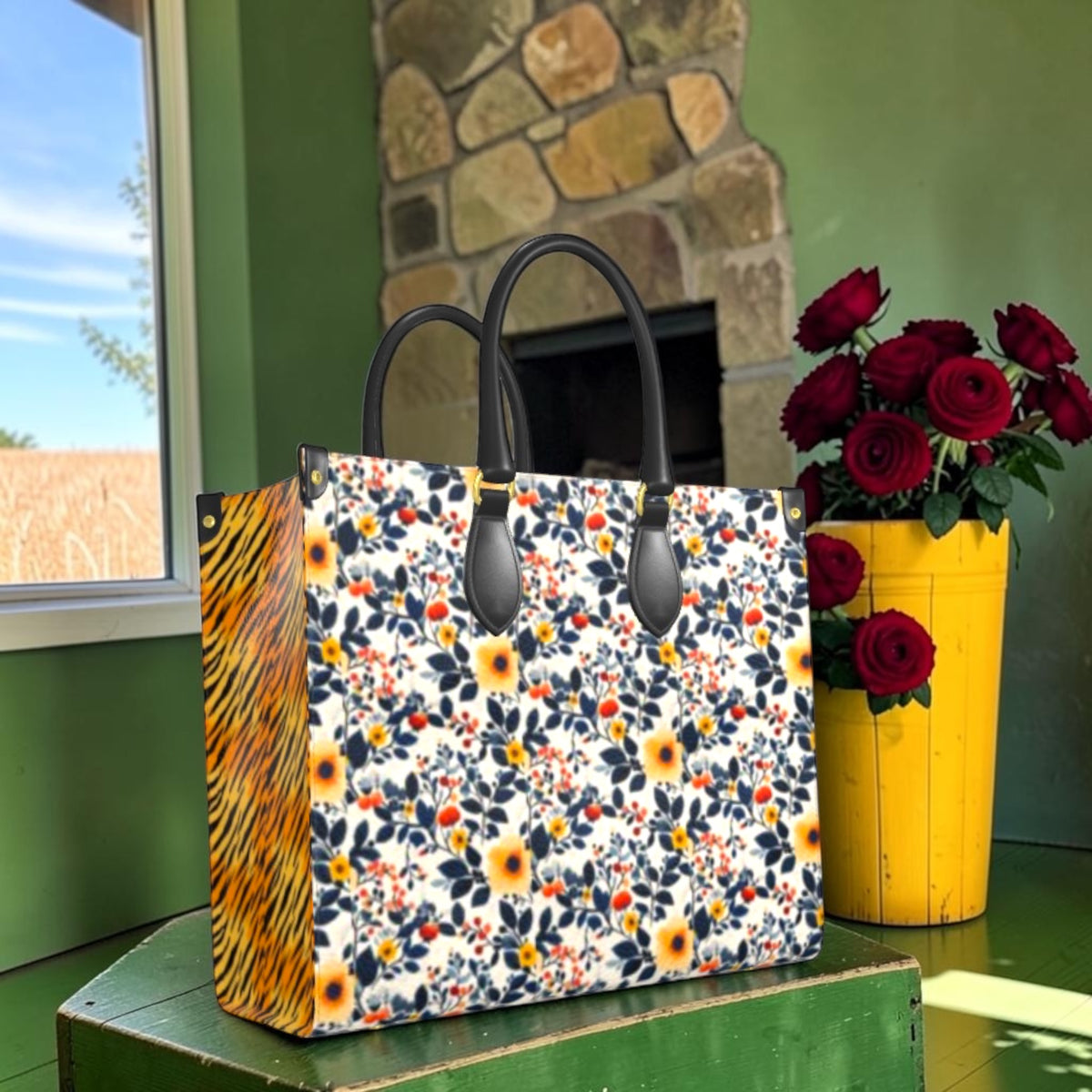 Wild Bloom large tote floral front with black handles and golden tiger-stripe side