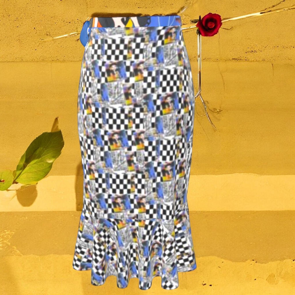 Vol III Unbothered Flow Skirt — Checkmate DNA and Doll Wall print, royal blue waistband, midi length — Golden Expression Art