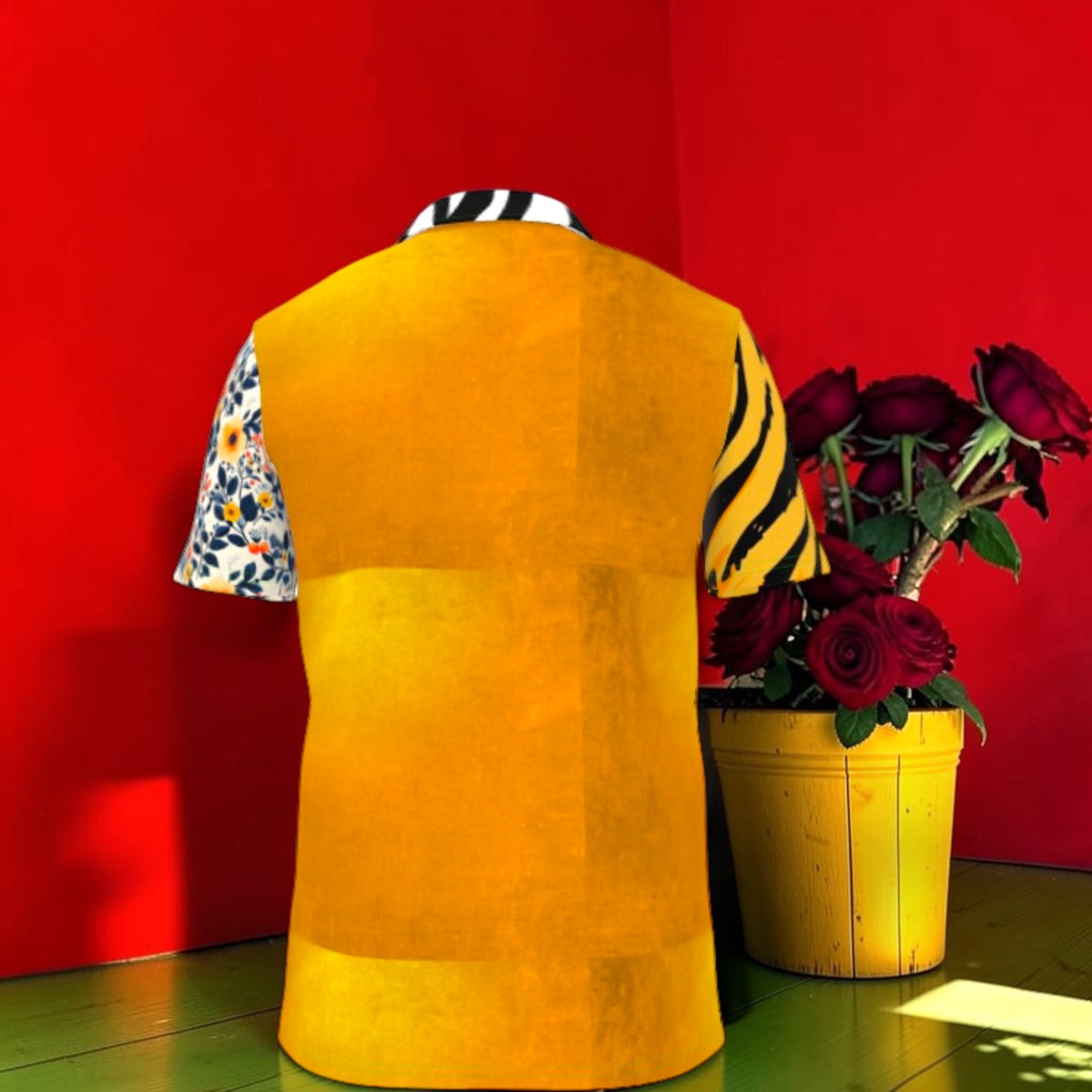 Golden tonal-block back of The Primal Contrast Polo Shirt with floral and tiger sleeves and zebra collar.