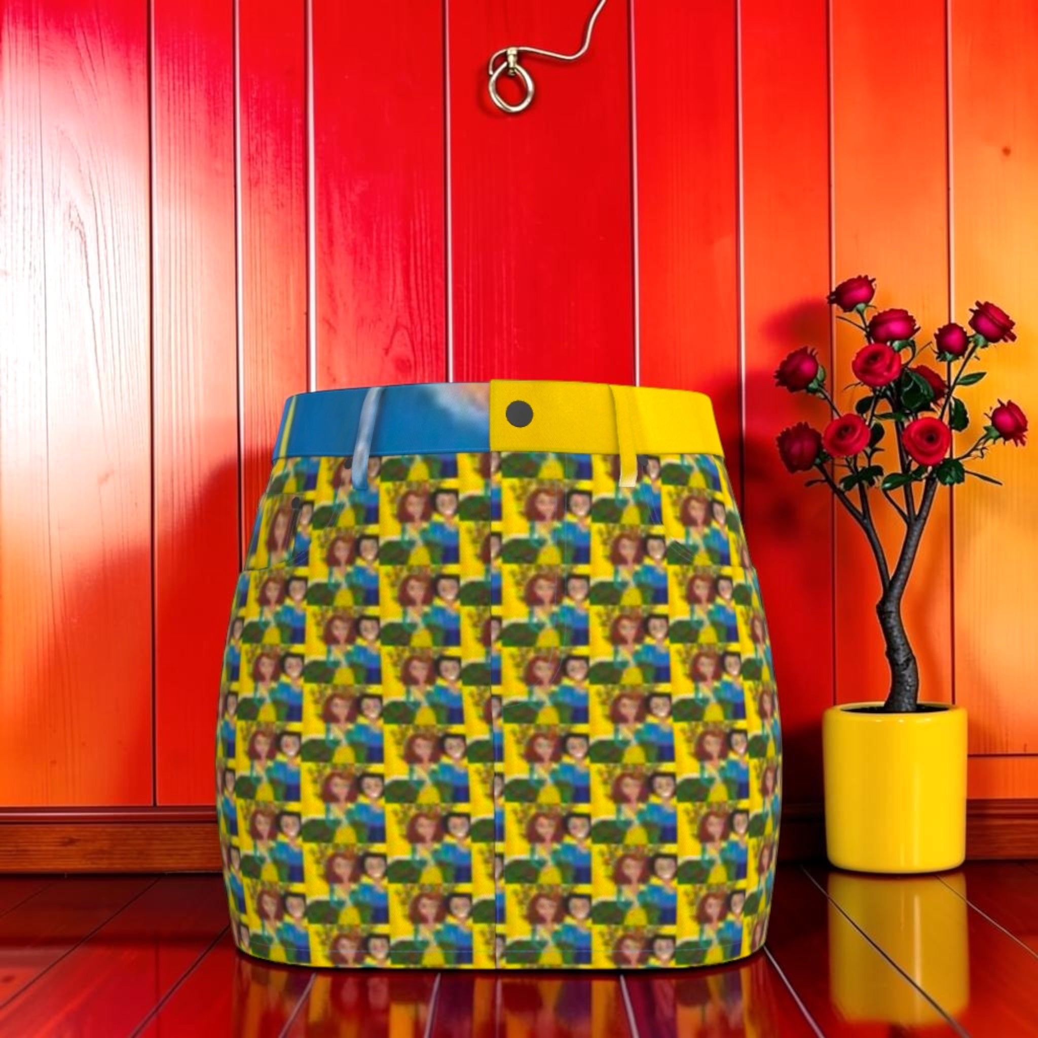 Vol II Queen of Eden Mini Skirt front — all-over Doll Wall Eden lady repeat print with sky blue and golden yellow panels