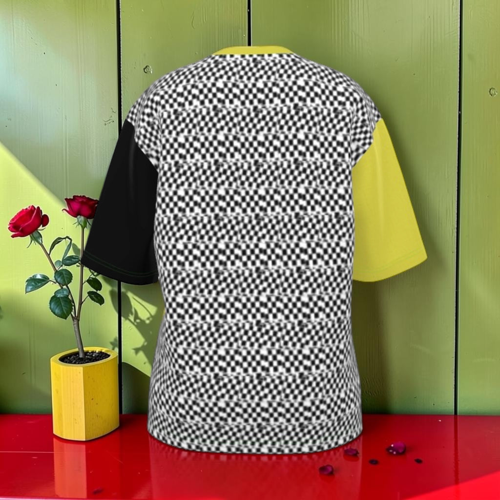 Iconic Oversized Signature Tee - back view, black and white checkered print body with golden yellow sleeve