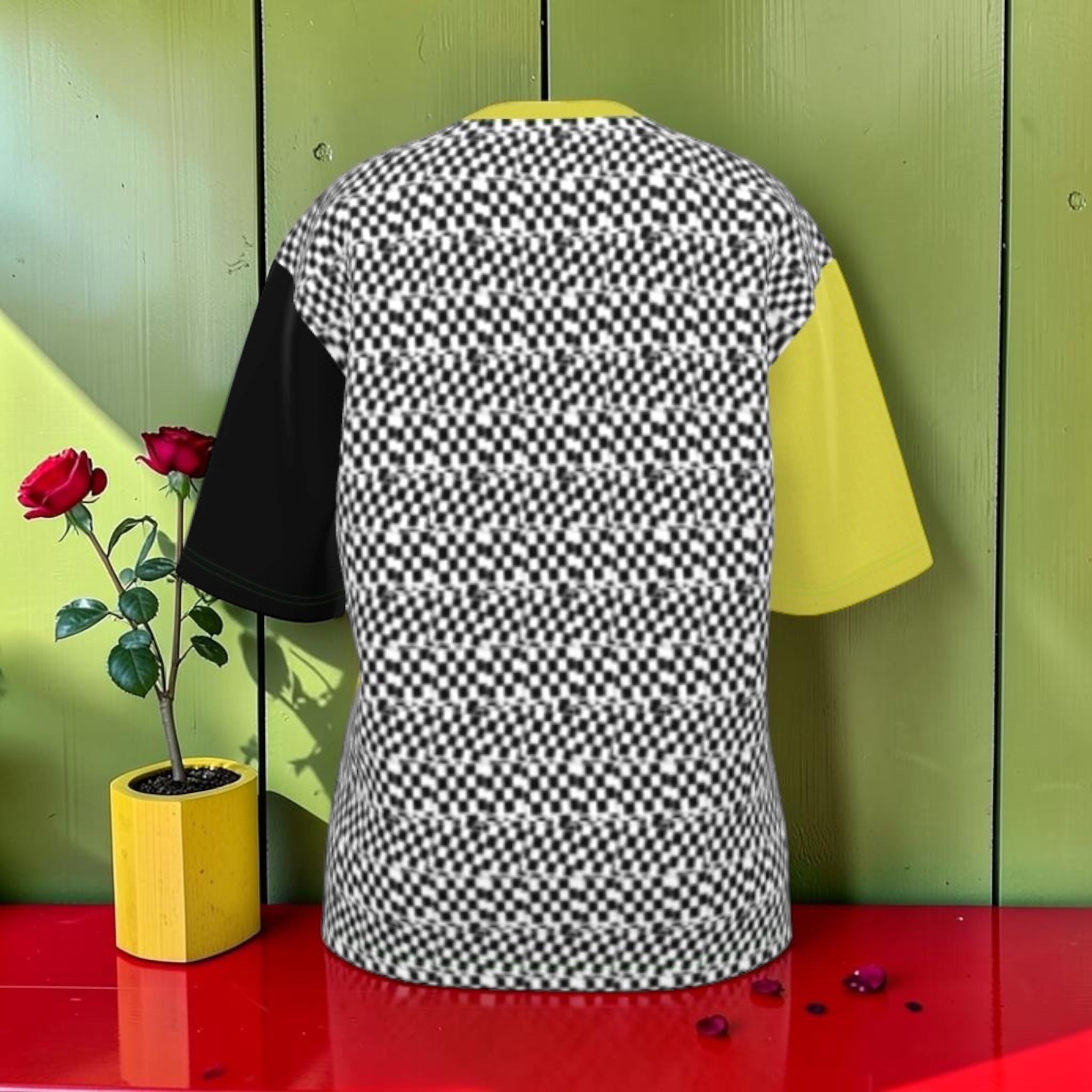 Iconic Oversized Signature Tee - back view, black and white checkered print body with golden yellow sleeve